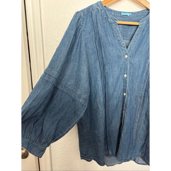 J. McLaughlin Laramie Linen Blend Chambray Balloon Sleeve Blouse Blue Size L - Picture 9 of 12
